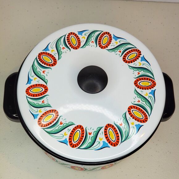 Berggren Vintage Swedish Folk Art Enamelware Pot with Lid - Picture 4 of 14